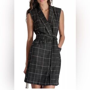 DKNY Women's Black Seeveless Tie-waist Dress with a White Grid Pattern. NWT.